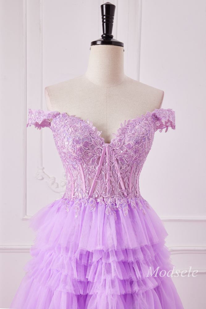 Lilac Glitter Appliques Off-the-Shoulder Ruffle Tiered Gown