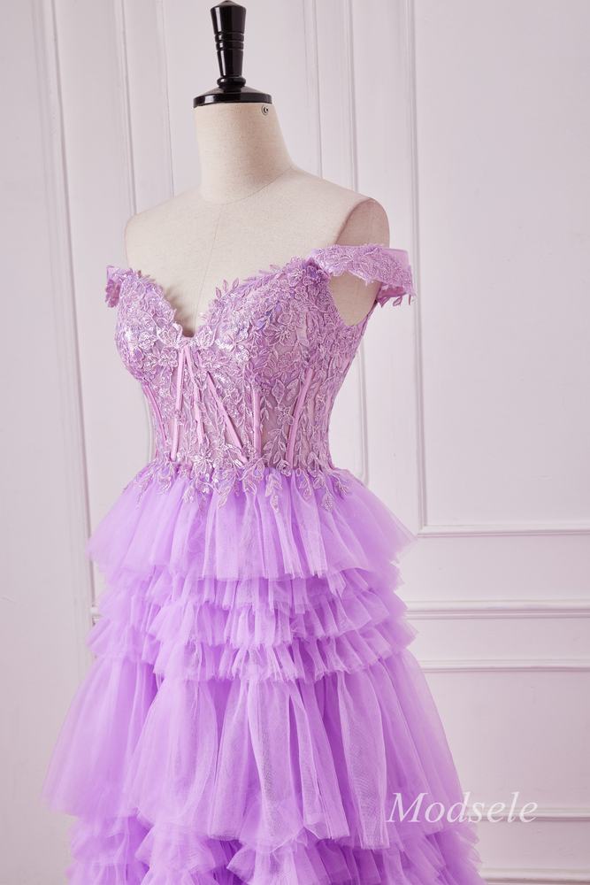 Lilac Glitter Appliques Off-the-Shoulder Ruffle Tiered Gown