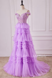 Lilac Glitter Appliques Off-the-Shoulder Ruffle Tiered Gown