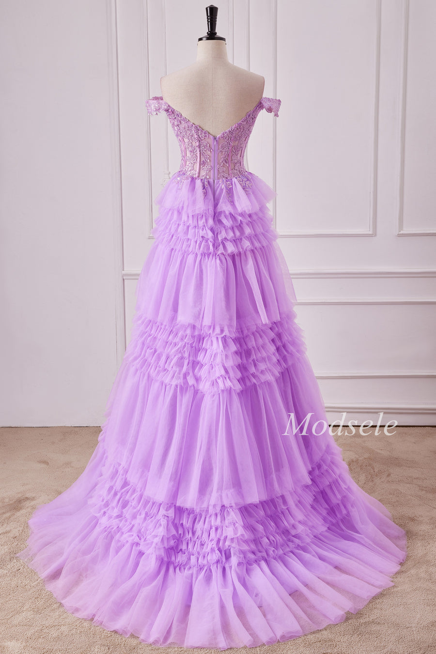 Lilac Glitter Appliques Off-the-Shoulder Ruffle Tiered Gown