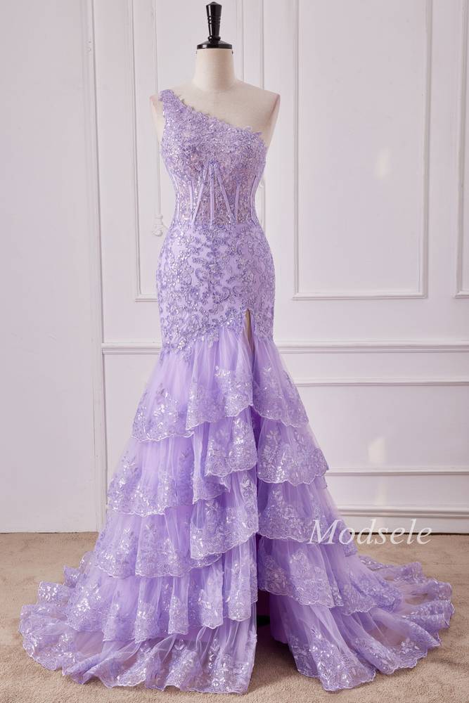 fitted lace wedding dress Purple Off The Shoulder Tulle A Line Gown
