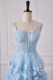 Light Blue Tulle Appliques Spaghetti Strap Ruffle Gown with Slit