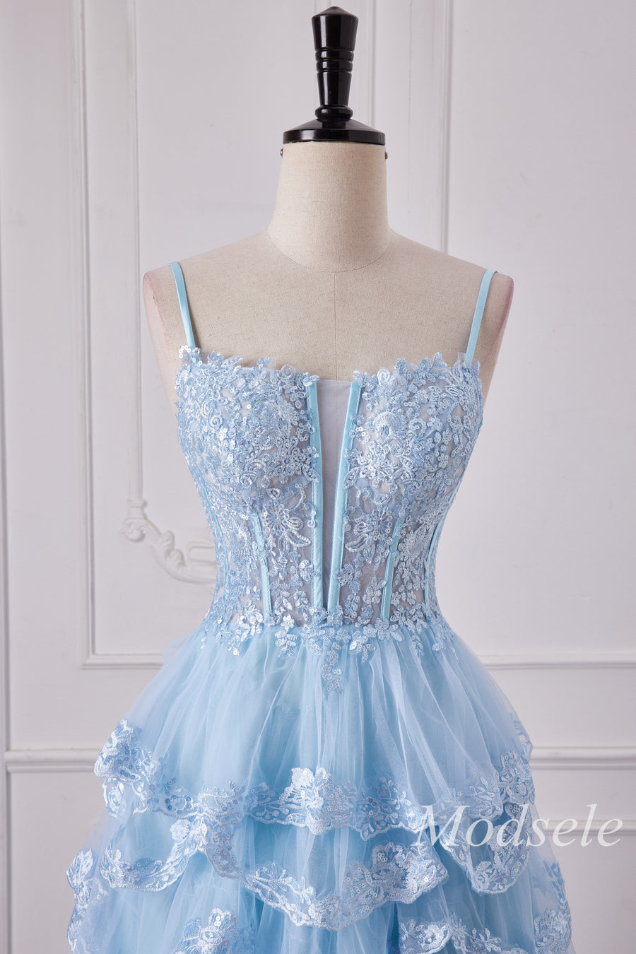 Light Blue Tulle Appliques Spaghetti Strap Ruffle Gown with Slit