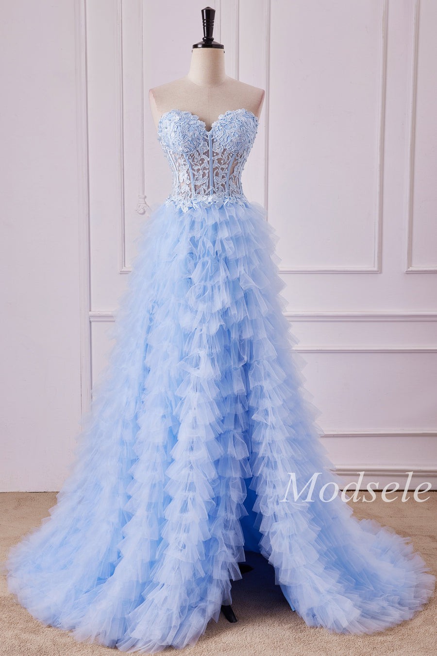 Light Blue Appliques Strapless Ruffle Tiered Gown with Slit