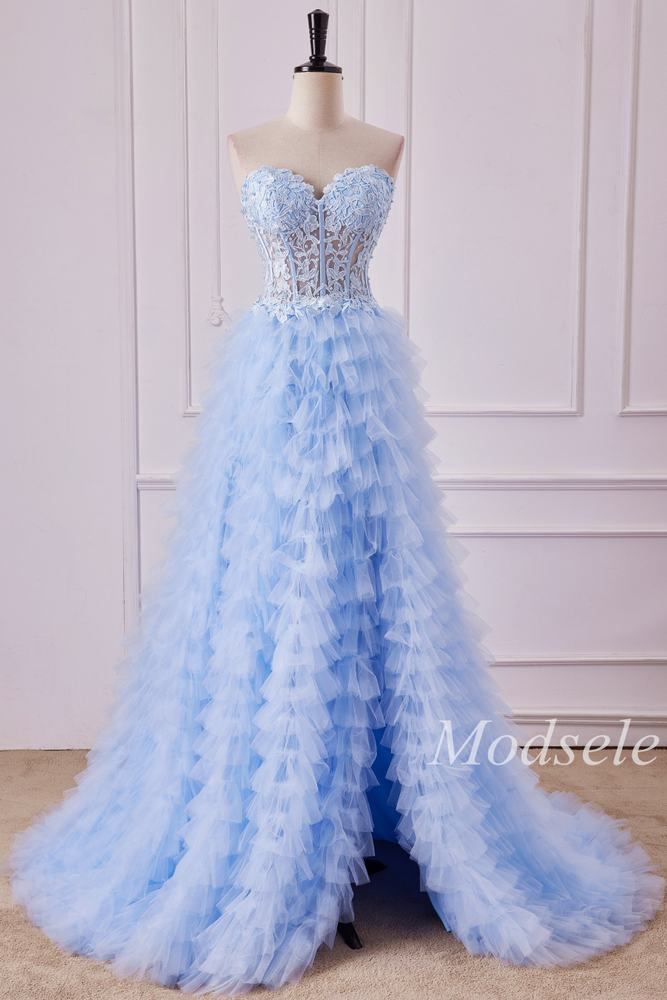 Light Blue Appliques Strapless Ruffle Tiered Gown with Slit – Modsele