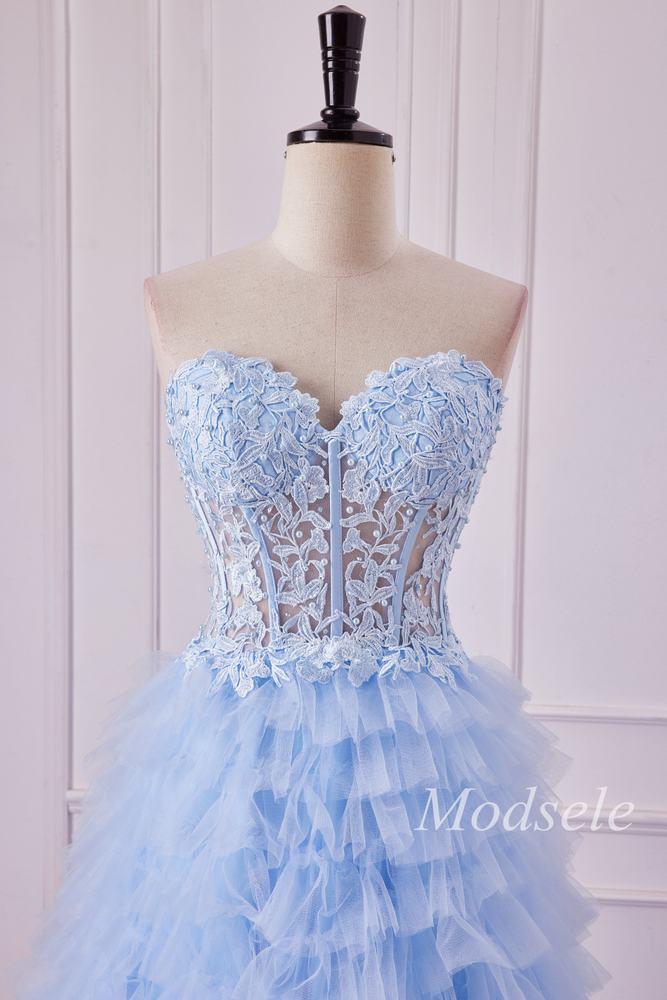 Light Blue Appliques Strapless Ruffle Tiered Gown with Slit