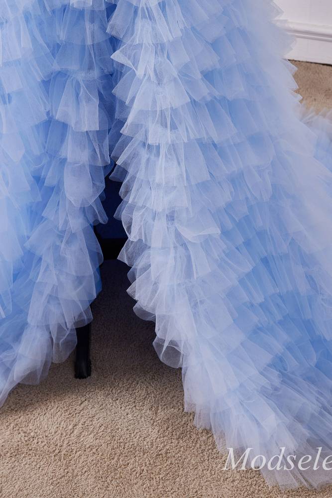 Light Blue Appliques Strapless Ruffle Tiered Gown with Slit