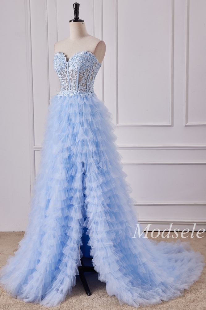 Light Blue Appliques Strapless Ruffle Tiered Gown with Slit