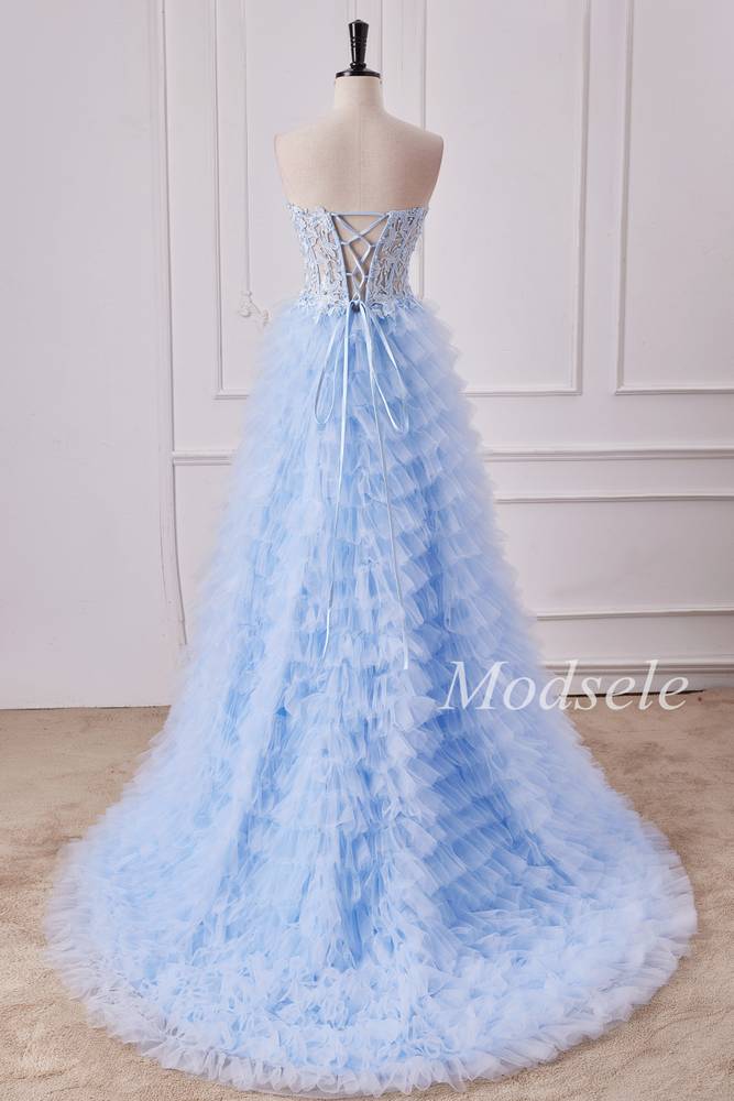 Light Blue Appliques Strapless Ruffle Tiered Gown with Slit
