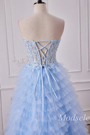 Light Blue Appliques Strapless Ruffle Tiered Gown with Slit