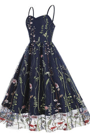 Plus Size Navy Blue Floral Embroidered Sweetheart Midi Dress