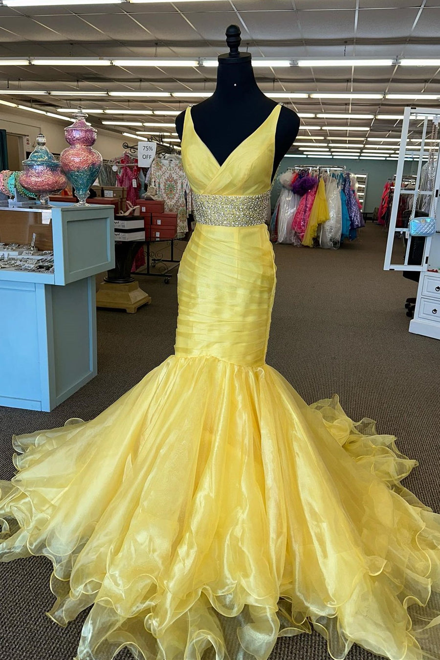 Yellow Surplice Backless Ruffle Beaded Trumpet Long Gown