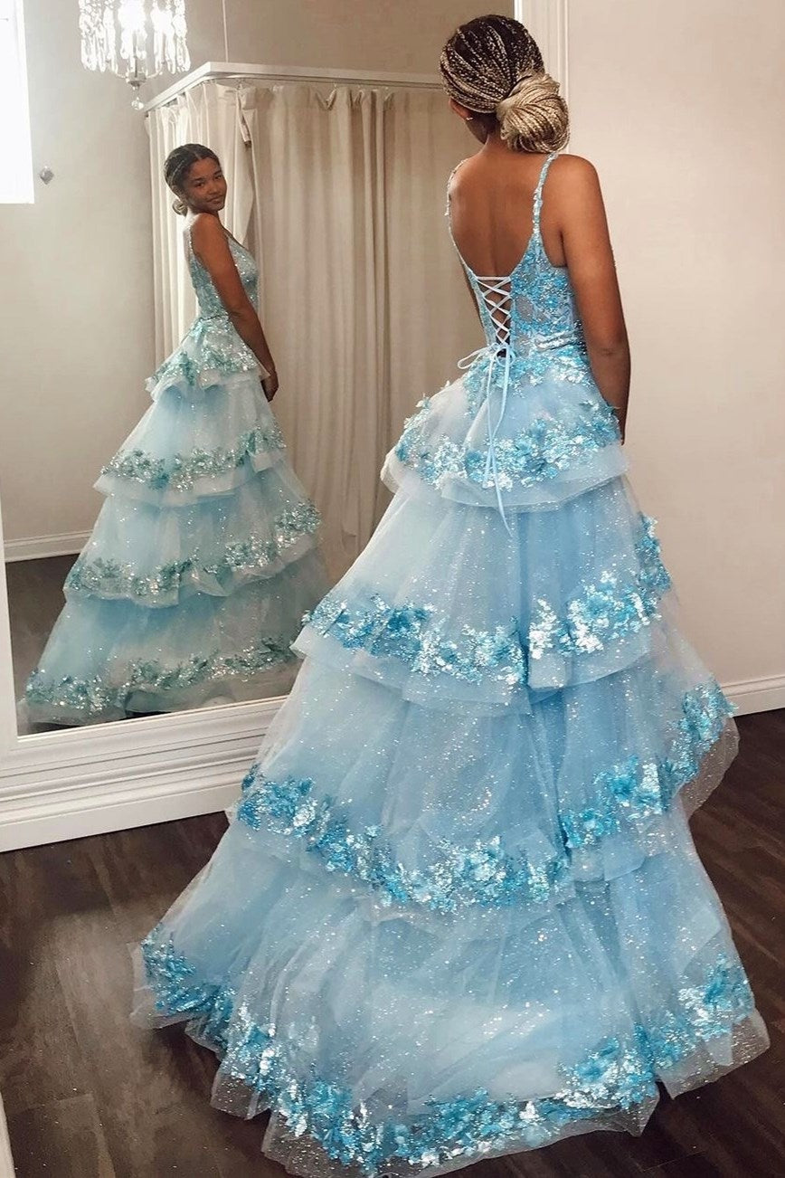 Blue Sequin Lace V-Neck Pageant Dress with Attached Train