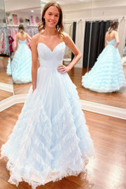 Light Blue Strapless Ruffle Long Prom Dress