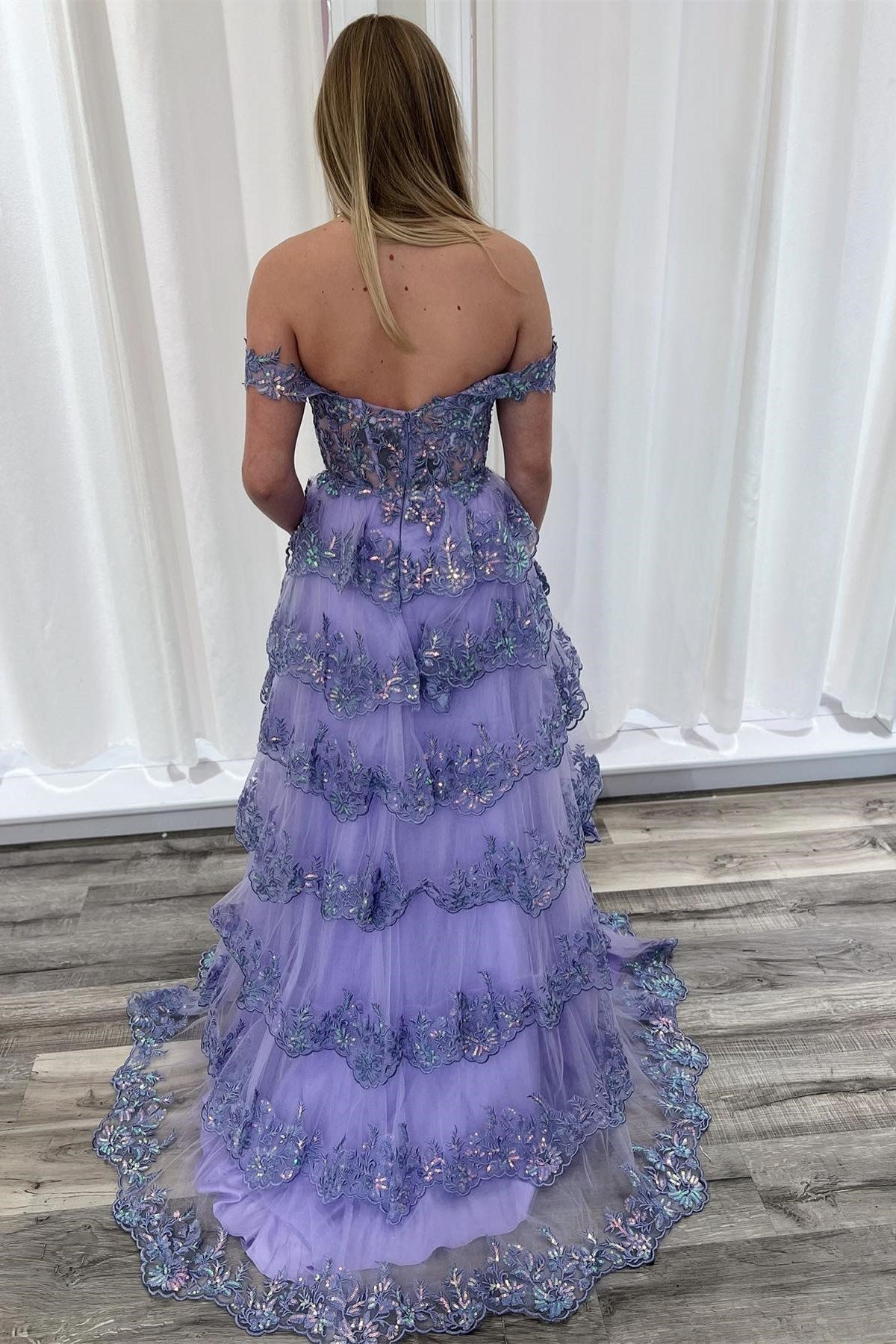 Off-the-Shoulder Glitter Appliques Ruffle Prom Gown