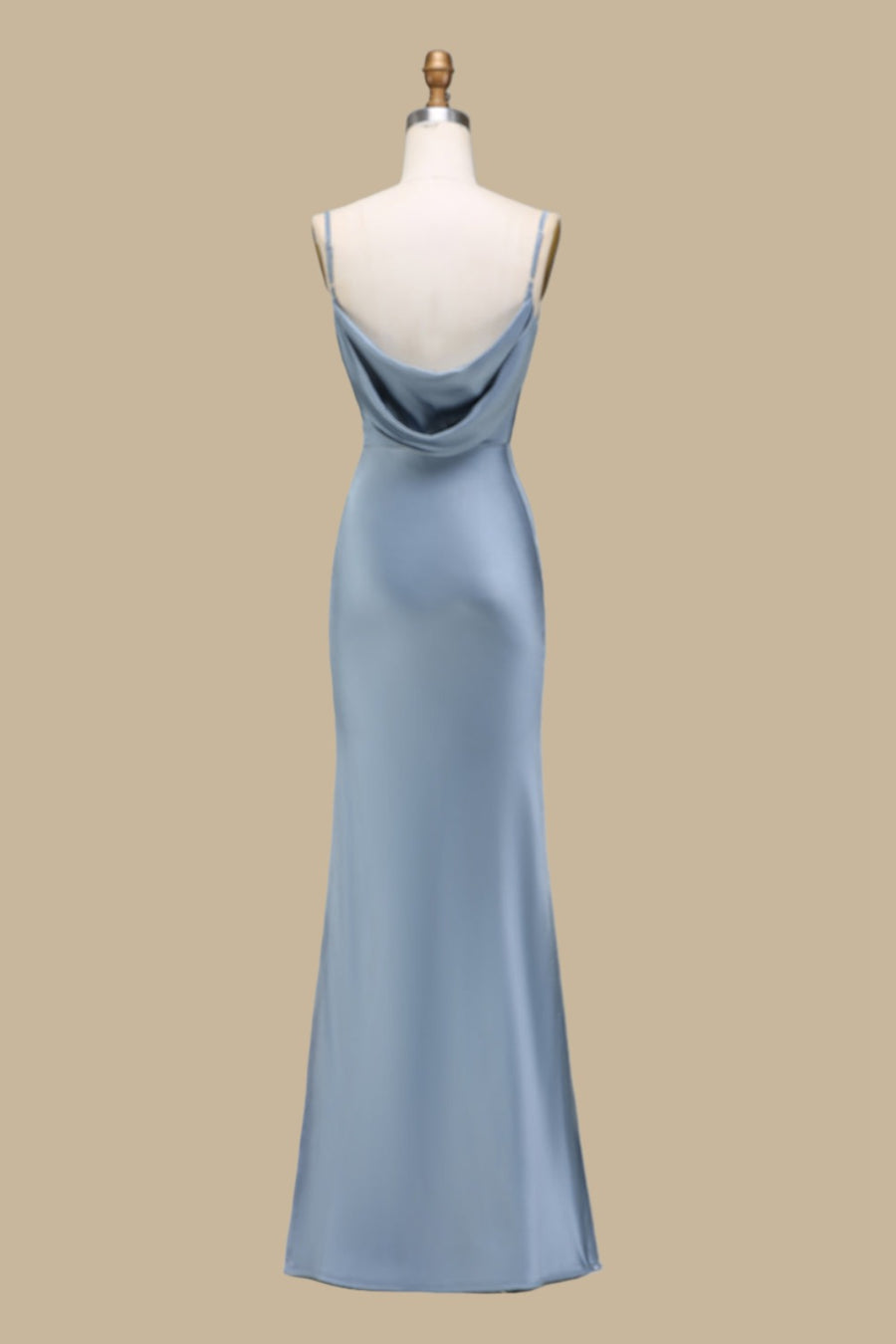 dusty blue cowl neck dress Leely Women Dusty Blue Sheath Spaghetti Straps Satin Long Bridesmaid Dress with Slit