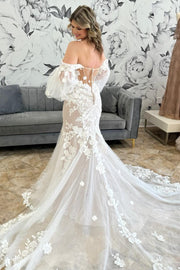 back of Ivory Off-the-Shoulder Trumpet Wedding Dress with Balloon Sleeves