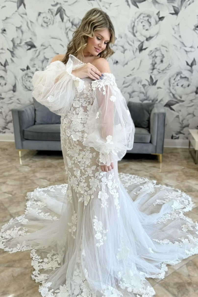 Ivory Off-the-Shoulder Trumpet Wedding Dress with Balloon Sleeves Modsele Ivory Off-the-Shoulder Trumpet Wedding Dress with Balloon Sleeves Modsele