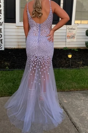 Lilac Straps Beaded V-Neck Mermaid Tulle Long Prom Dress