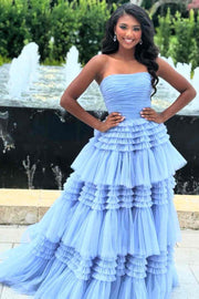 Sky Blue Strapless A-Line Tiered Tulle Prom Dress with Slit