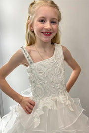 Asymmetrical White Glitter Appliques Multi-Layer Girl Pageant Dress