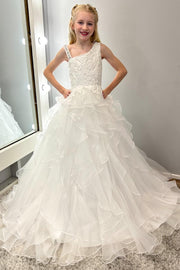 Asymmetrical White Glitter Appliques Multi-Layer Girl Pageant Dress