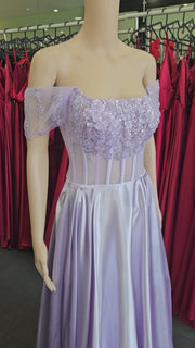 Lavender 3D Floral Lace Off-the-Shoulder A-Line Long Prom Dress