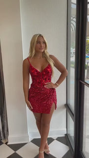 Red Mirror-Cut Sequins Straps V Neck Homecoming Dress