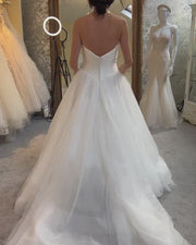 White Tulle Strapless A-Line Long Wedding Dress