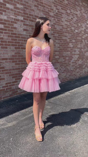 Pink Tulle Sweetheart Tiered A-Line Short Party Dress with Ruffles