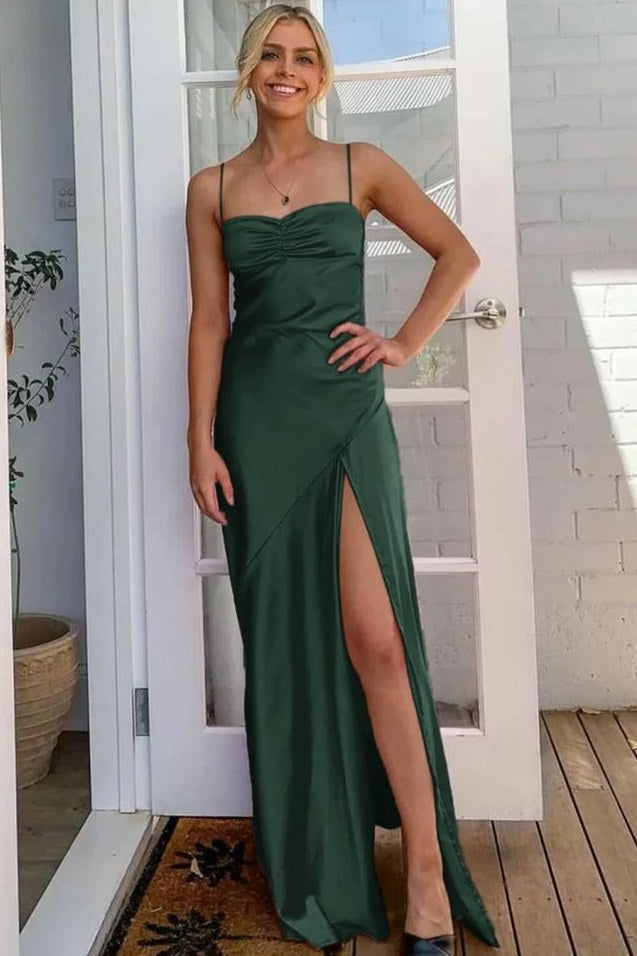 Simple Yellow Spaghetti Straps Satin Long Prom Formal Dress with Slit Modsele Simple Yellow Spaghetti Straps Satin Long Prom Formal Dress with Slit Modsele