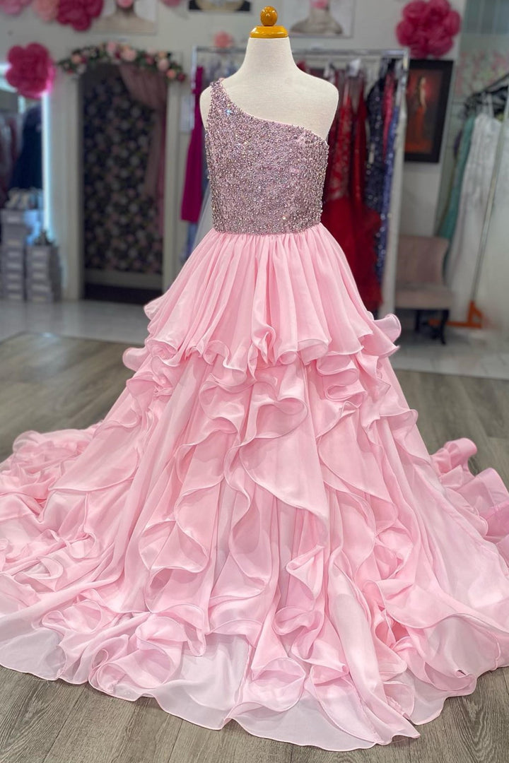 Royal Blue Beaded One-Shoulder Ruffle Girl Pageant Dress