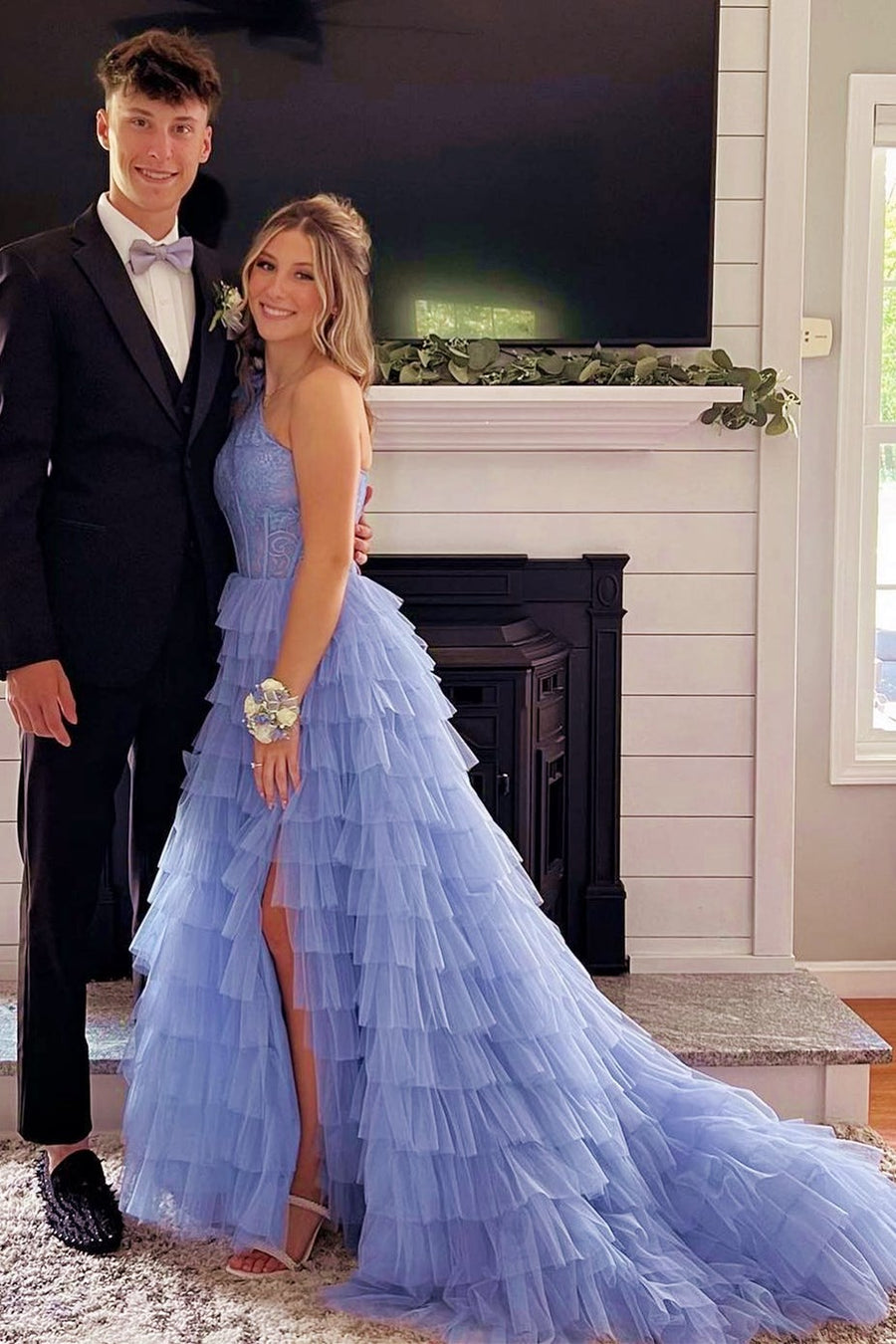 One-Shoulder Red Lace A-Line Tiered Prom Dress with Ruffles Modsele One-Shoulder Red Lace A-Line Tiered Prom Dress with Ruffles Modsele