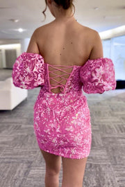 Hot Pink Sequin Lace Strapless Short Dress with Detachable Sleeves
