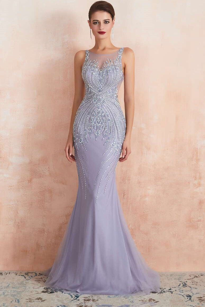 Lavender Round-Neck Sleeveless Mermaid Dress with Beading  Modsele