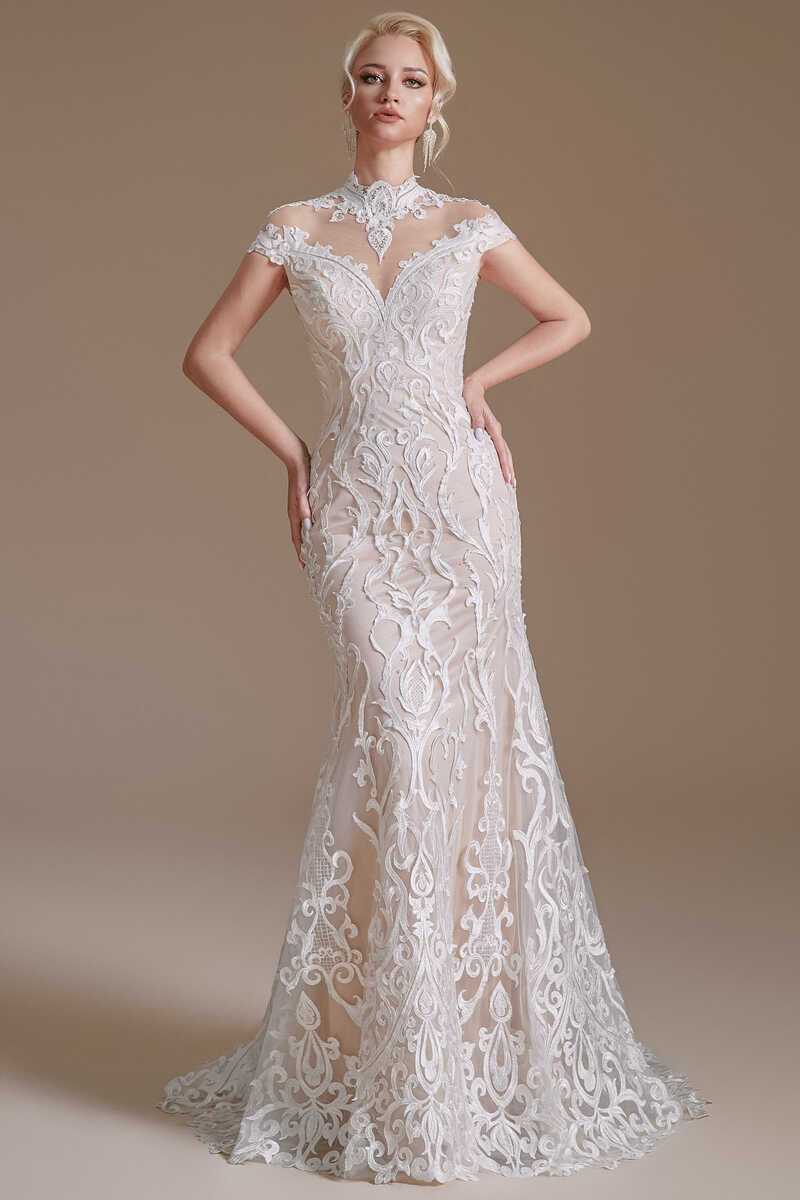 Off-White Lace High Collar Off-the-Shoulder Mermaid Wedding Dress  Modsele