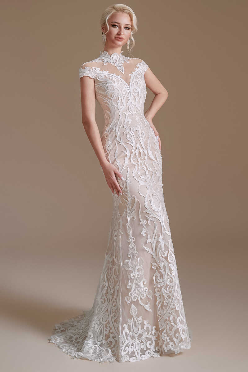 Off-White Lace High Collar Off-the-Shoulder Mermaid Wedding Dress