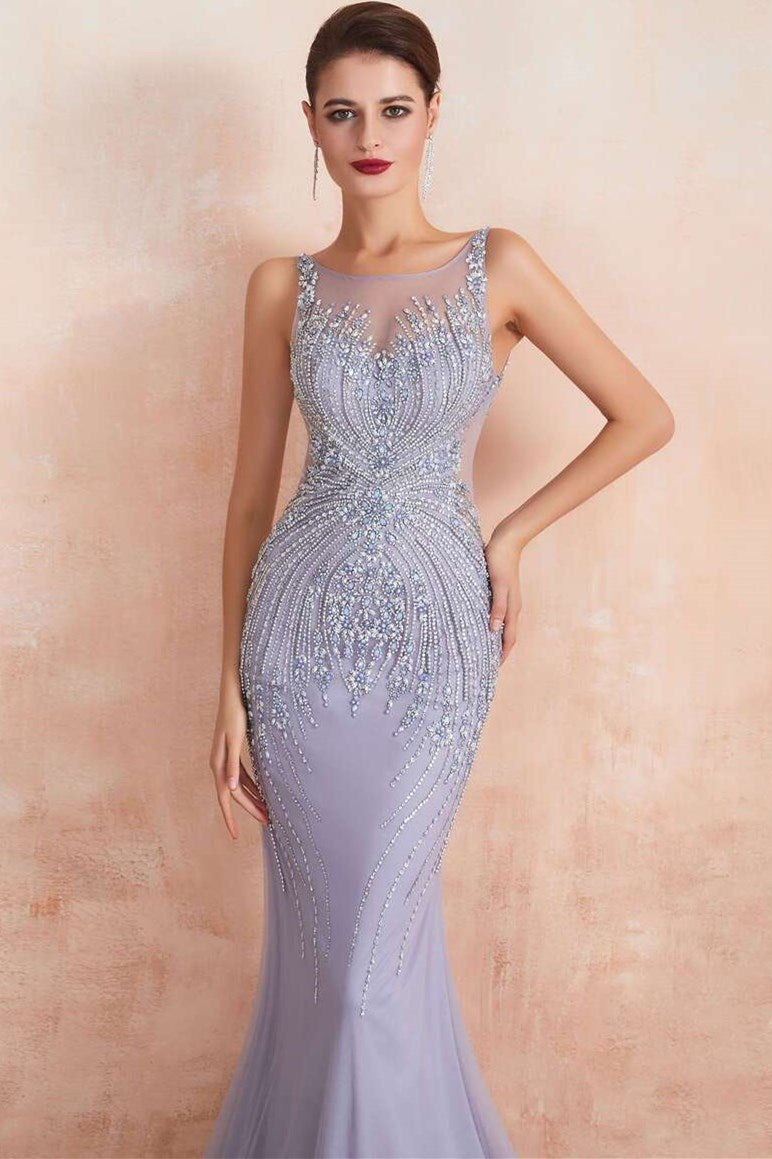 Lavender Round-Neck Sleeveless Mermaid Dress with Beading
