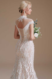Off-White Lace High Collar Off-the-Shoulder Mermaid Wedding Dress