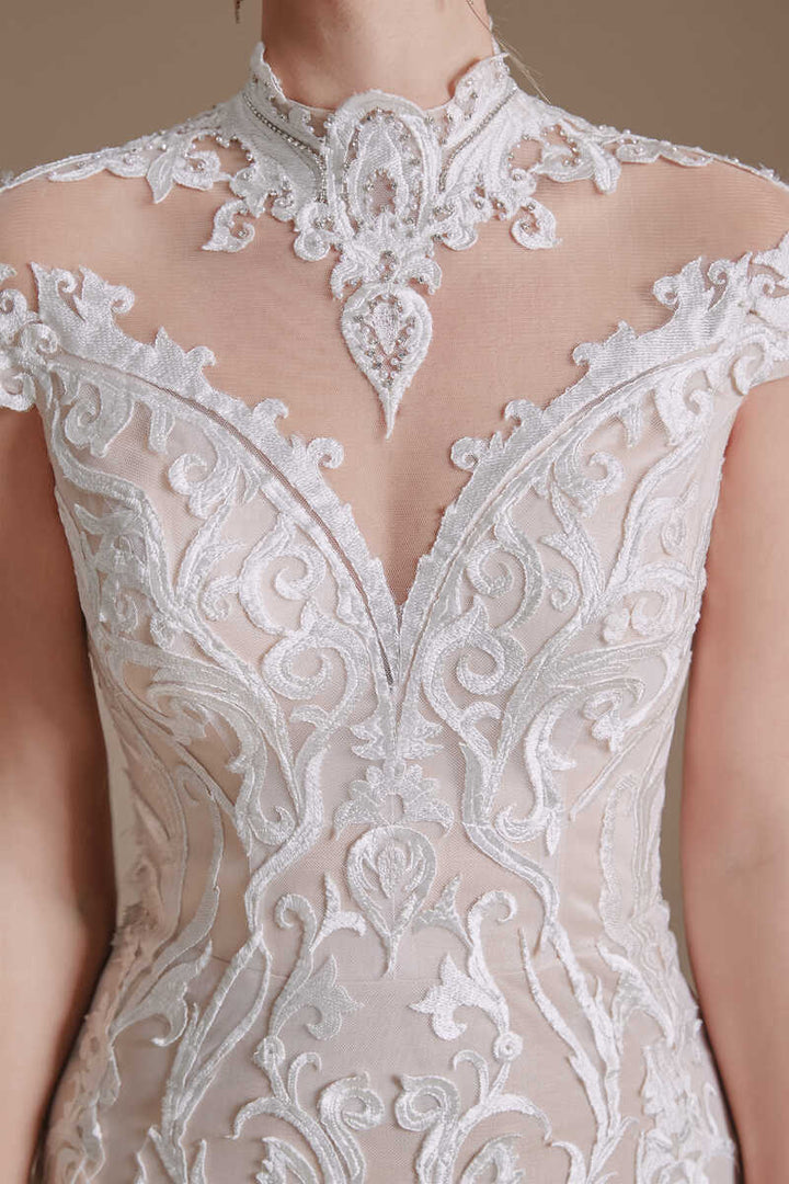Off-White Lace High Collar Off-the-Shoulder Mermaid Wedding Dress