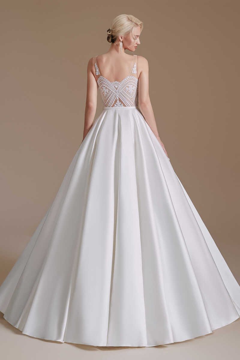 White Embroidered V-Neck Open Back A-Line Long Wedding Dress