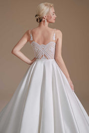 White Embroidered V-Neck Open Back A-Line Long Wedding Dress