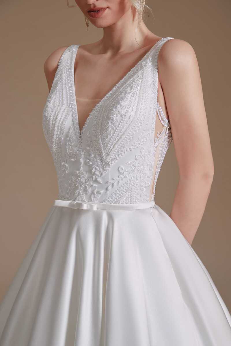 White Embroidered V-Neck Open Back A-Line Long Wedding Dress