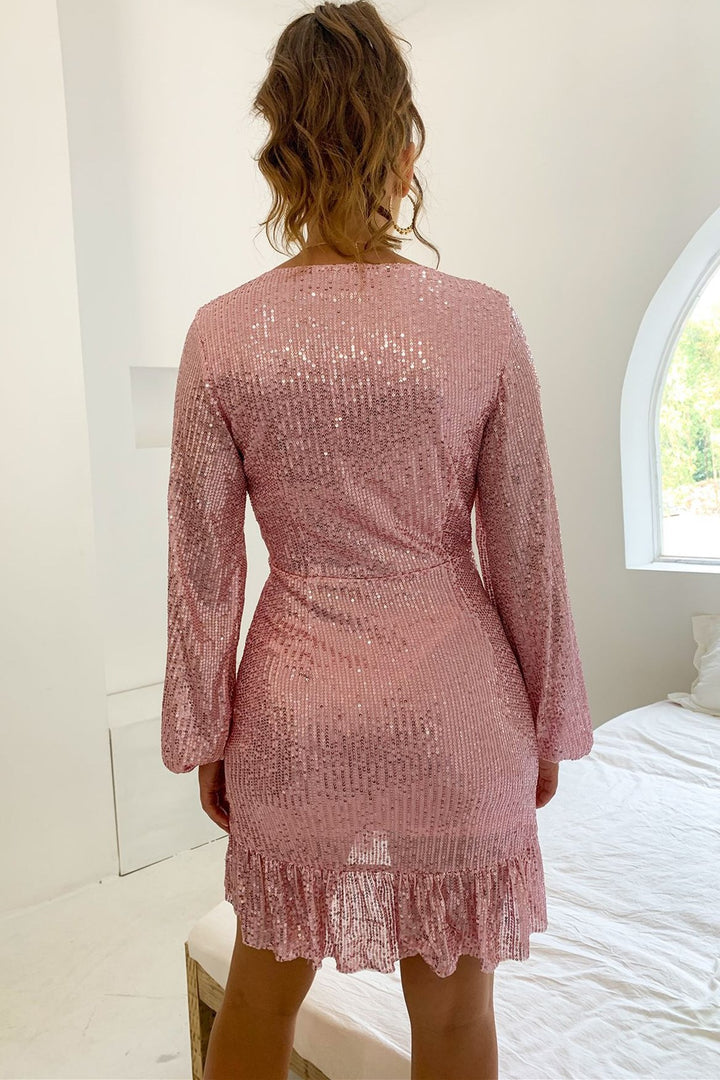 Pink V-Neck Puff Long Sleeve Ruffled Short Party Dress