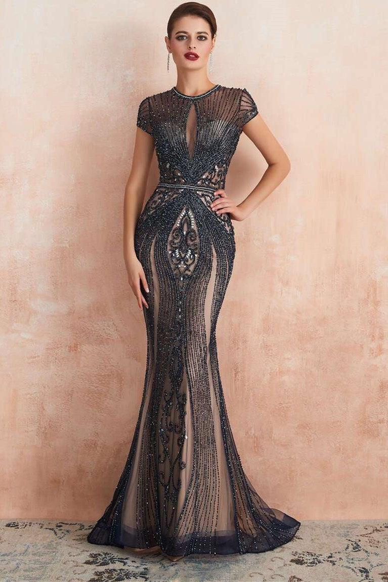 grey lace mermaid dress ZAPAKA Women Grey Blue Long Prom Dress with Bow Mermaid Corset Sequin Beaded Spaghetti Straps Formal Dress with Lace, Grey Blue / UK8