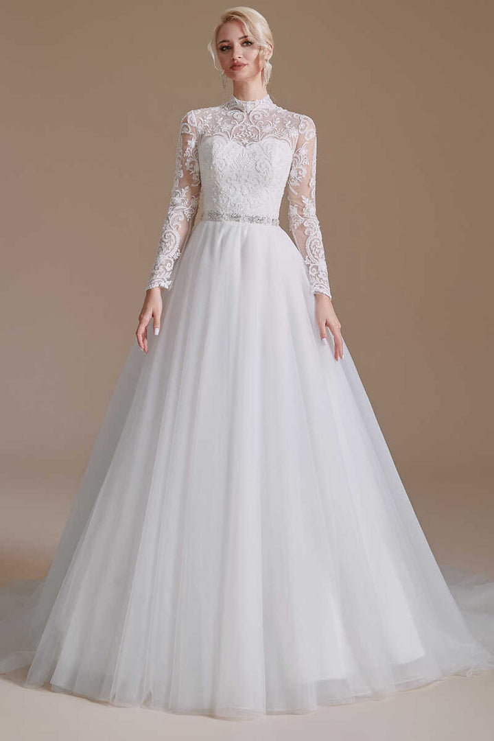 White Lace High Collar Long Sleeves A-Line Wedding Dress