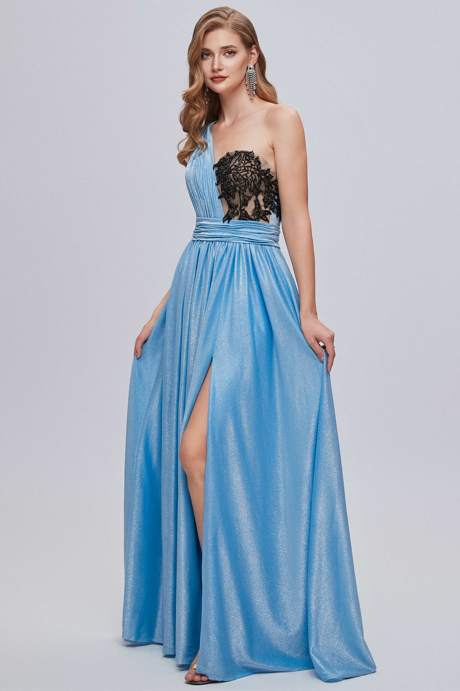 Blue One-Shoulder Bustier A-Line Long Prom Gown