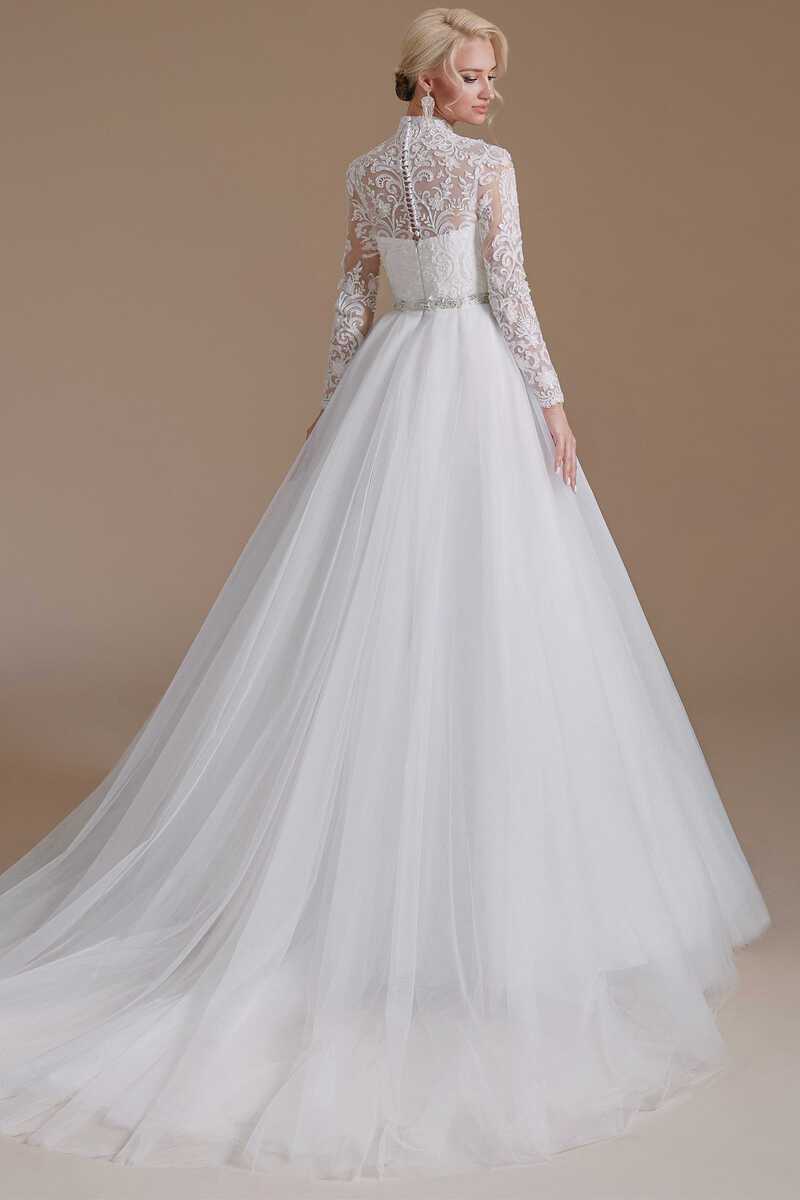 White Lace High Collar Long Sleeves A-Line Wedding Dress | Modsele