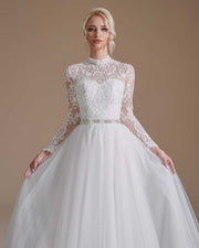 White Lace High Collar Long Sleeves A-Line Wedding Dress