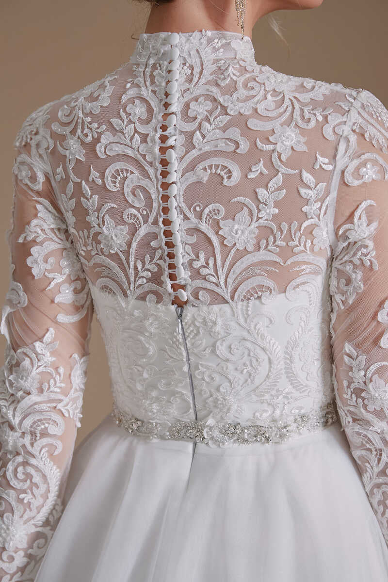 White Lace High Collar Long Sleeves A-Line Wedding Dress Modsele White Lace High Collar Long Sleeves A-Line Wedding Dress Modsele